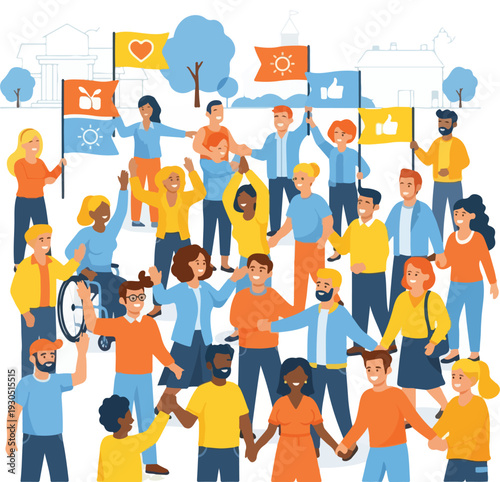 Diverse Group of People Holding Signs and Celebrating Together