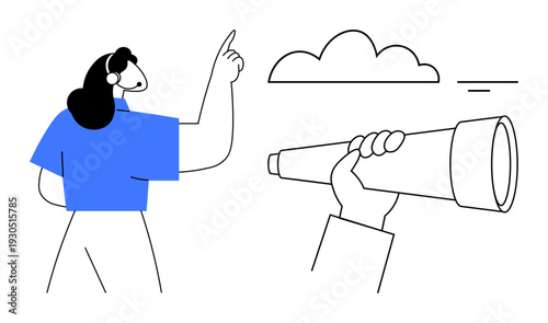 Exploration theme. Exploration illustrated with a telescope and a woman pointing at the sky. Ideal for innovation, future vision, discovery, leadership, and education materials