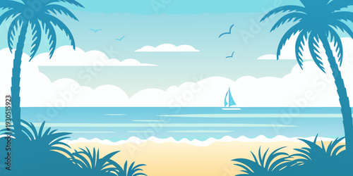 Tropical beach scene with palm trees ocean clouds and a sailboat