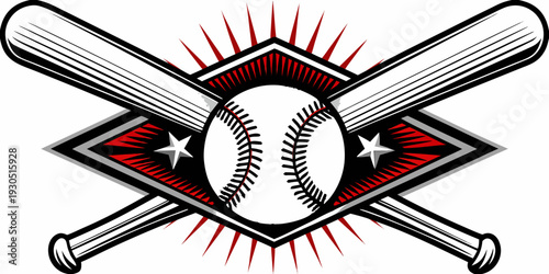 A crossed baseball bat and ball design with a star shaped background