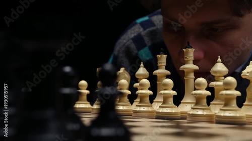 A young man is sitting in front of a chessboard with pieces and thinking about the next move. The chess player is assessing the risks before making the first move. A thoughtful chess player