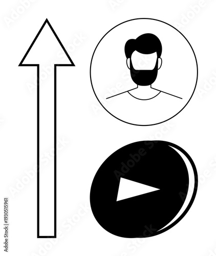 Growth trends, user profile, media concepts, direction, online presence, progression. Upward arrow, circular avatar and play button icon. Growth trends and user profile