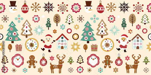 Festive holiday pattern featuring snowmen reindeer and christmas trees