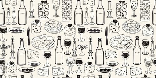 A seamless pattern of sketched food and drink items on a white background