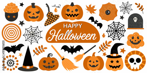 Festive halloween illustrations including pumpkins bats and spiderwebs