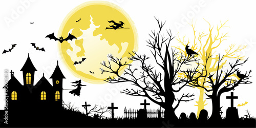 A spooky halloween scene with a castle bats and a full moon