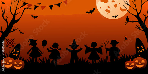 A spooky halloween scene with trick or treating children and a full moon
