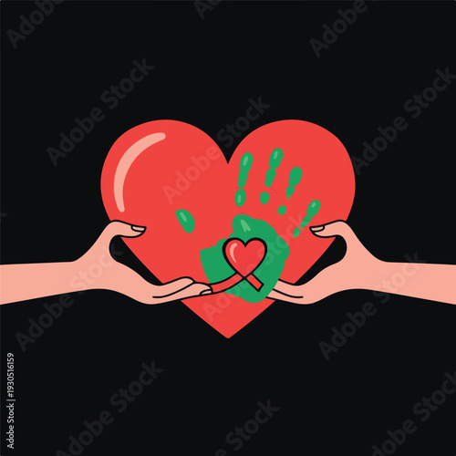 Hands holding heart with green handprint and red cross
