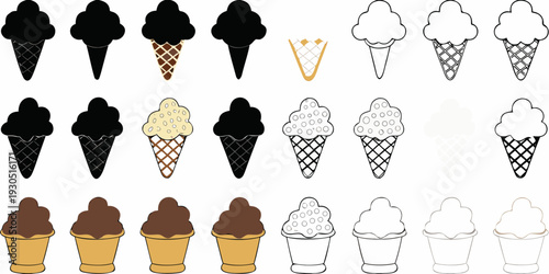Assorted ice cream cones in various styles and colors are displayed