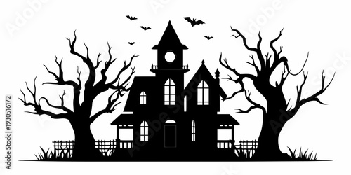 A spooky silhouetted haunted house with bare trees and flying bats