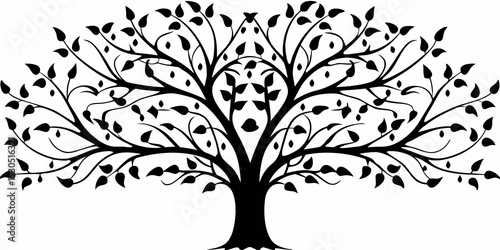 Stylized black tree with dense foliage and intricate branch patterns