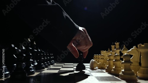 Chess pieces are facing each other on a black background. A close-up of a hand moving a white pawn 4 к