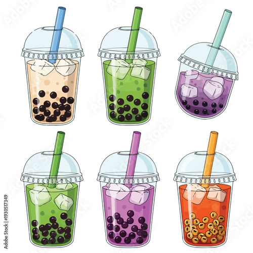 Colorful Boba Tea Drinks with Straws