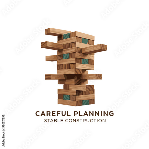 A Jenga-like tower of wooden blocks with teal accents, symbolizing careful planning and stable construction.