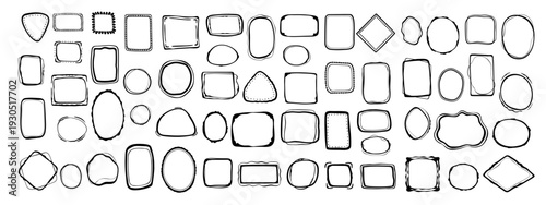 Coquette hand-drawn doodle frames set, colorful shapes cadre vintage modern whimsical edgings elements, elegant geometric trend stamps flirting girly style design. Isolated. Vector illustration