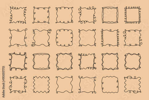 Square doodle frame, hand-drawn wavy curly engagement monograms. Edgings and cadres simple sketchy scribble swirl design, editable one line decoration old-fashioned greeting elements. Editable stroke