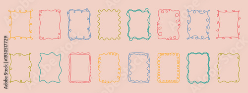 Rectangular doodle frame stamp, hand-drawn wavy curly engagement monograms. Edgings and cadres simple sketchy scribble swirl design photo decoration old-fashioned greeting elements. Editable stroke