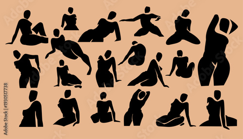 Woman contemporary abstract figures silhouette, hand drawn cut out feminine form different poses. Flat collage mid-century style, applique unique design, female shape poster, decorative art. Isolated.