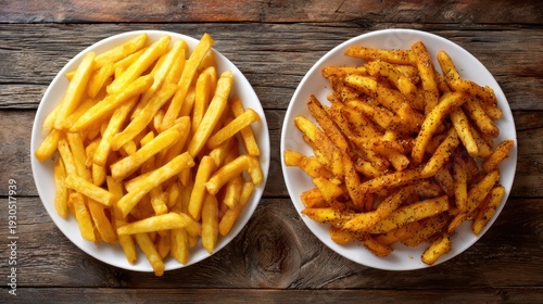 A top-down view showcases two white plates filled with delicious golden french fries, one plain and one seasoned, resting on a rustic wooden table.