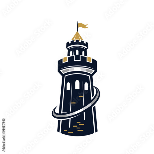 A dark blue tower with gold accents and a silver ring around it.