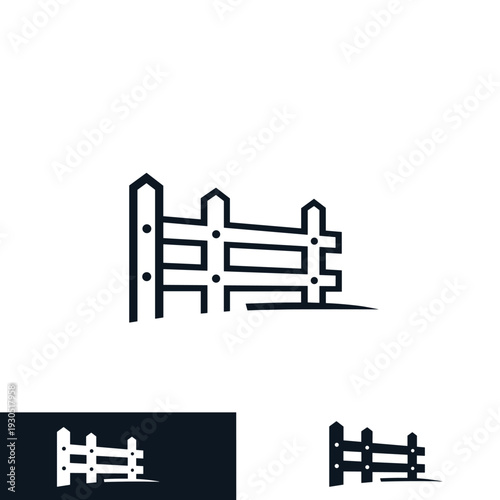 A minimalist line art logo design featuring a wooden fence, presented in both black and white and a dark blue background.