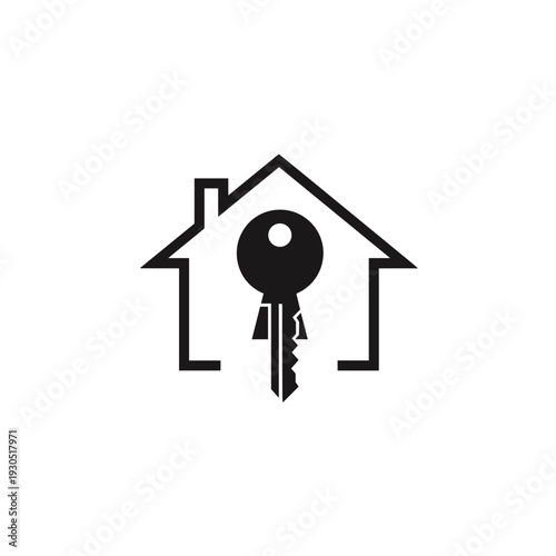 A minimalist black and white icon representing a house with a key inside, symbolizing real estate or home ownership.