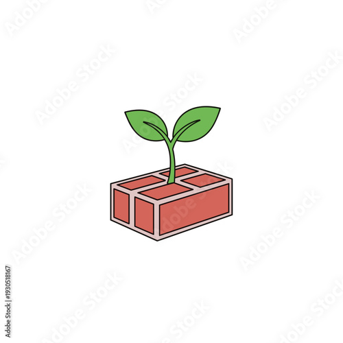 A small green sprout is growing out of a red brick with a hole in it.