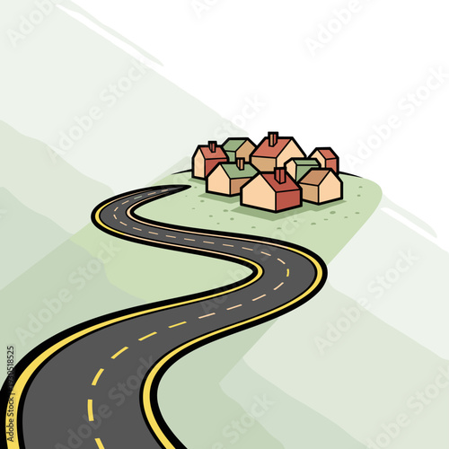 A winding asphalt road with yellow dashed lines leads to a small cluster of houses on a grassy hill.