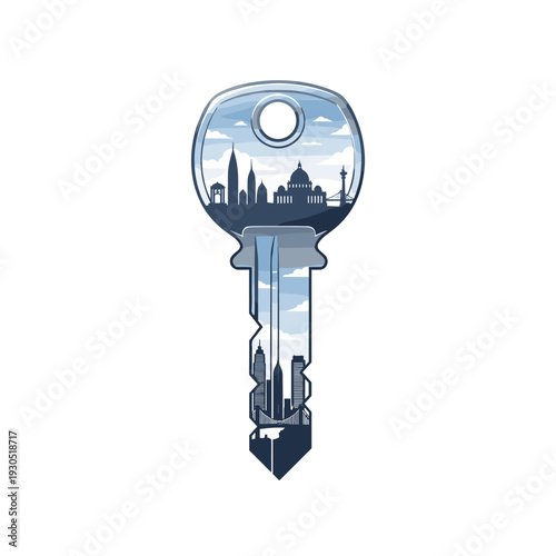 A stylized key silhouette filled with a cityscape and sky, representing urban access or opportunity.
