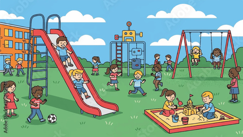 Vibrant daytime playground scene with children playing on slides swings and picnic areas.