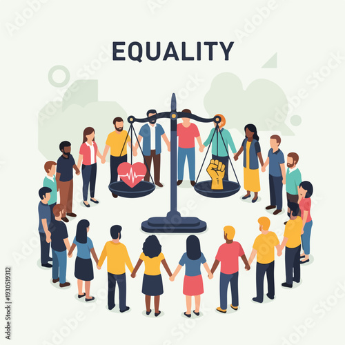Diverse people around balanced scales symbolizing equality and fairness