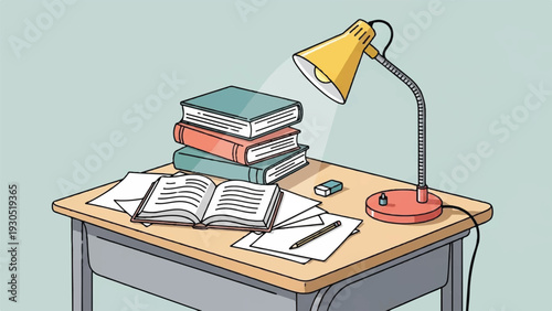 Cozy study desk with books, lamp and notebook in a calm study space.