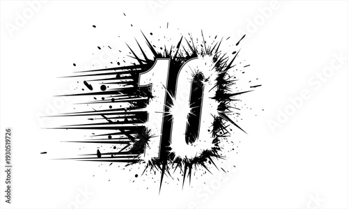 Dynamic black and white number 10 with speed lines and grunge effect.