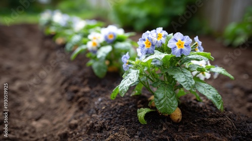 Delicate Row of Young Potato Plants with Purple and Yellow Blooms Growing in Rich Garden Soil