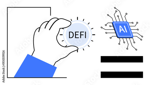 Hand holding a DeFi coin, AI microchip with circuits, and equal sign symbolizing balance. Ideal for finance, blockchain, technology, innovation, digital strategy, AI integration futuristic concepts
