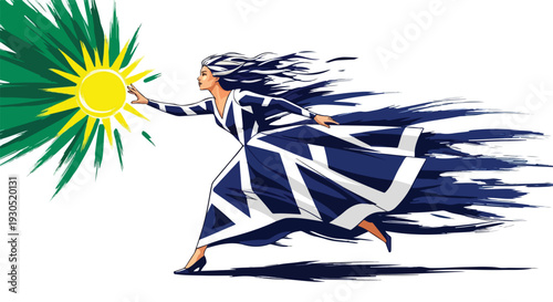 Woman in Blue Dress Reaching for Sun Vector Illustration