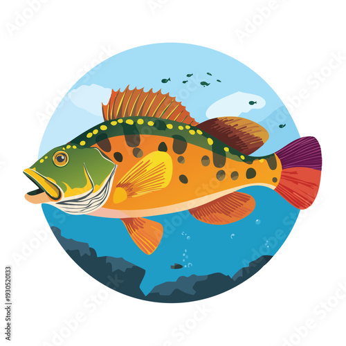Colorful cartoon illustration of a vibrant fish swimming underwater