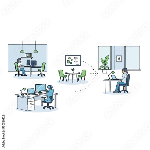 Remote team collaboration and flexible workspace concept