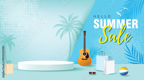 Hello Summer Sale banner with blue tropical background, palm trees, podium display, guitar, shopping bags and beach elements. Perfect for seasonal promotion and retail advertising.
