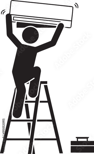 Silhouette pictogram of a technician on a ladder installing or repairing an air conditioner unit