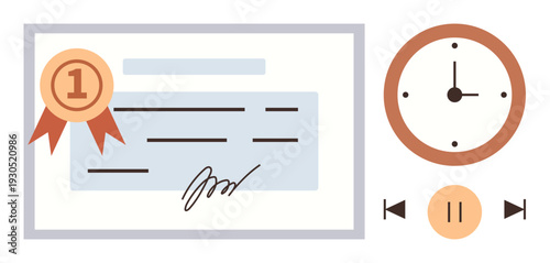 Online learning, certification process, achievement, time management, educational tools, digital training. Certification document with badge, clock and playback icons. Certification process