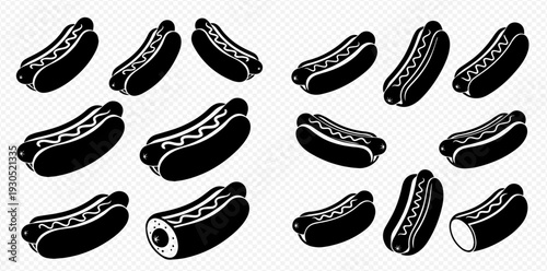 Set of black and white hot dog icons with various angles and toppings, perfect for fast food designs and menus.