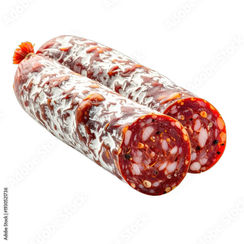 Close-up of two salami sausages, one cut to show the inside.