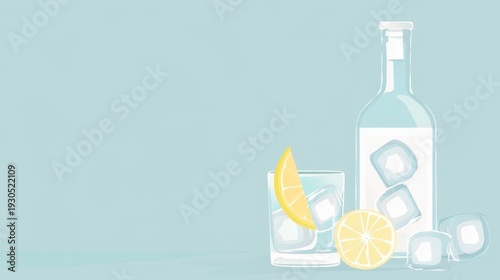 A clear glass of water with ice cubes and a slice of lemon beside a bottle of water on a light blue background.