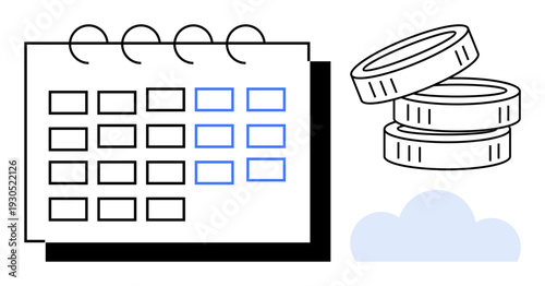 Financial management, budget planning, time management, savings, investment goals, business scheduling. A calendar, coins and a cloud. Financial management and budget planning