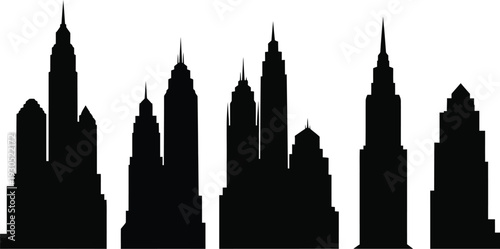 Collection of five modern office and workspace silhouettes, black vector icons of computer, desk lamp, and professional stationery isolated on white.