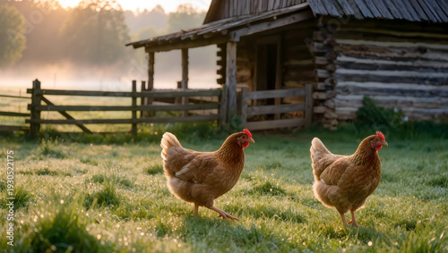 Free range chickens walking on green grass near rustic wooden barn at sunrise in peaceful countryside farm setting