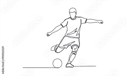 Dynamic one line drawing of a soccer player kicking a ball.