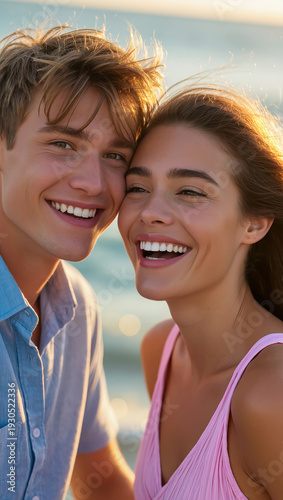 Smiling young couple enjoying sunset at beach, close-up portrait of happy woman and man in golden light summer vacation moment