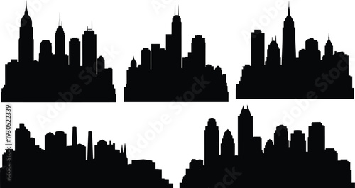 Collection of five professional office and business vector icons, black silhouettes of computer monitor, stapler, briefcase, file folder, and light bulb isolated on white.
